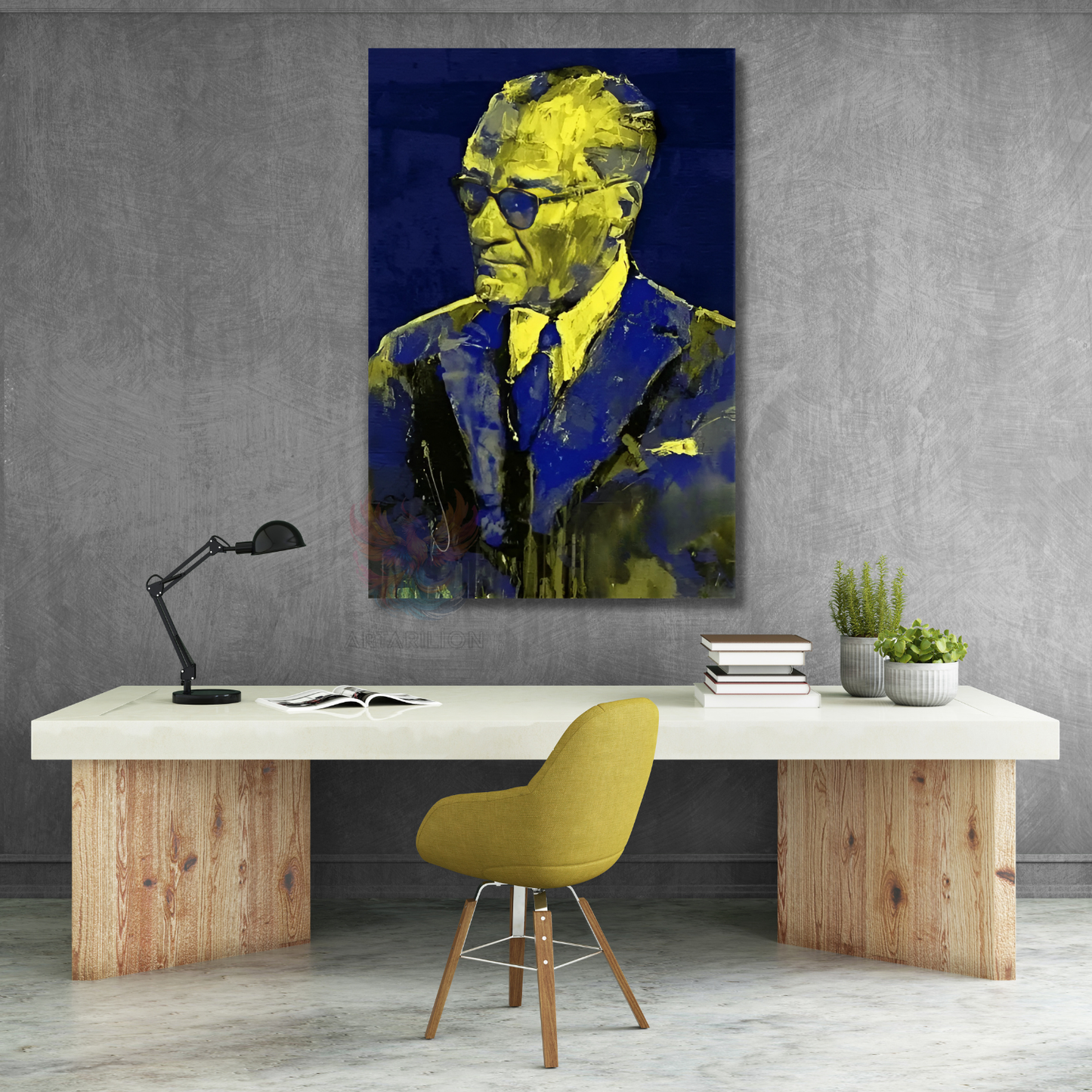 Atatürk Tablosu Lacivert ve Sarı Rekli Kanvas Atatürk Tablo Modeli Ev Ofis Tablosu