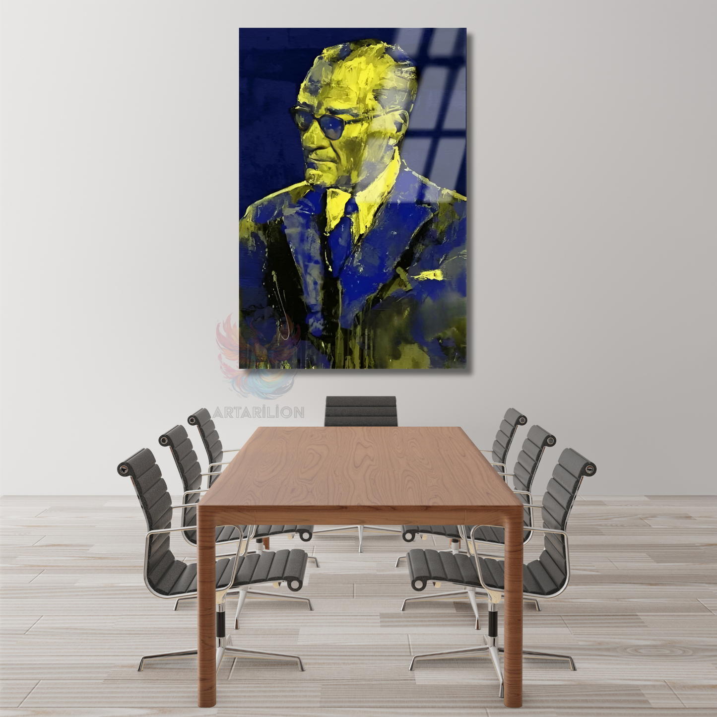 Atatürk Tablosu Lacivert ve Sarı Rekli Cam Atatürk Tablo Modeli Ev Ofis Tablosu