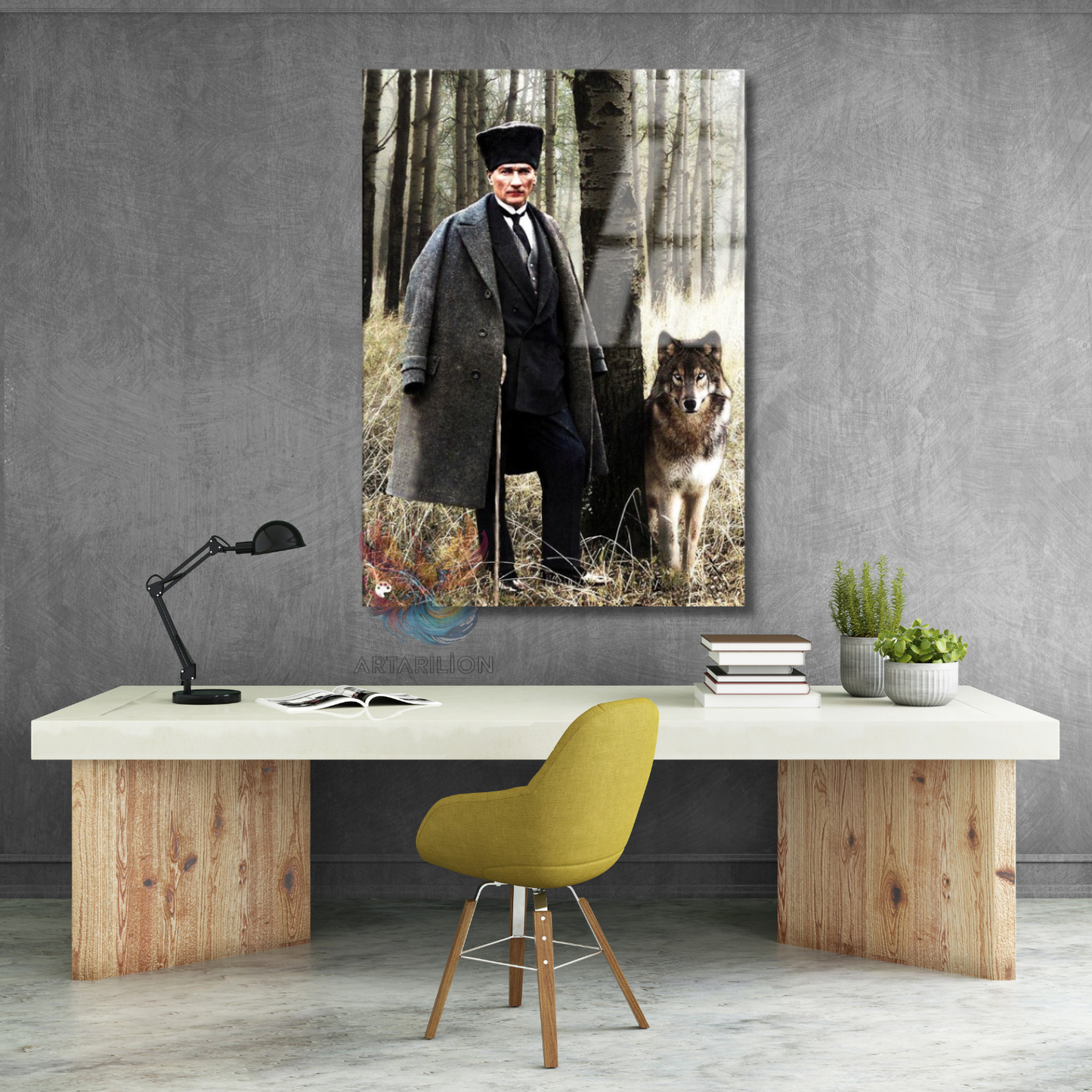 Atatürk ve Kurt Görseli Cam Tablo Dikey Duvar Tablosu Ev Ofis Tablosu