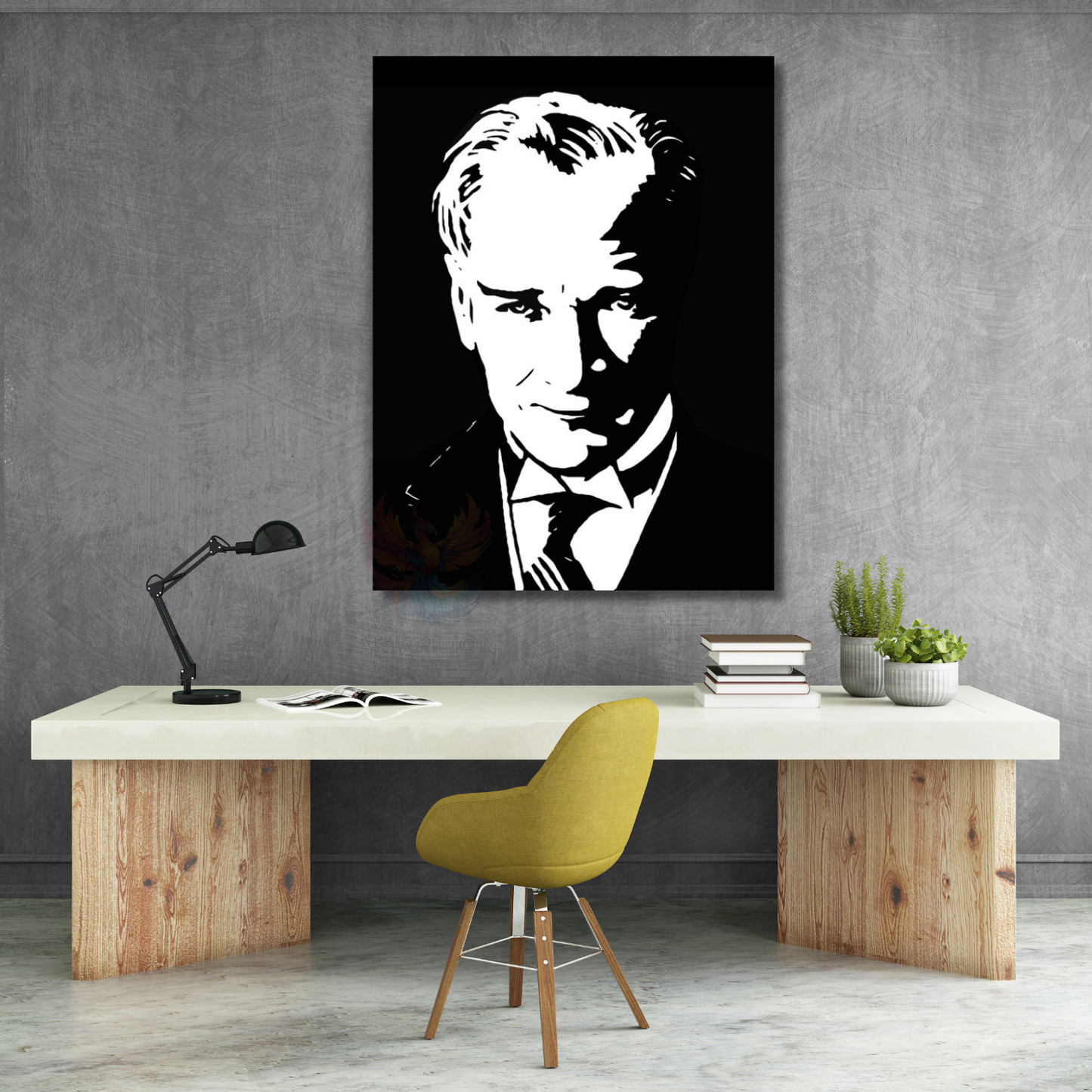 Siyah Beyaz Atatürk Çizimi Kanvas Tablo Modeli Dikey Duvar Tablosu Ofis Okul Ev Tablosu