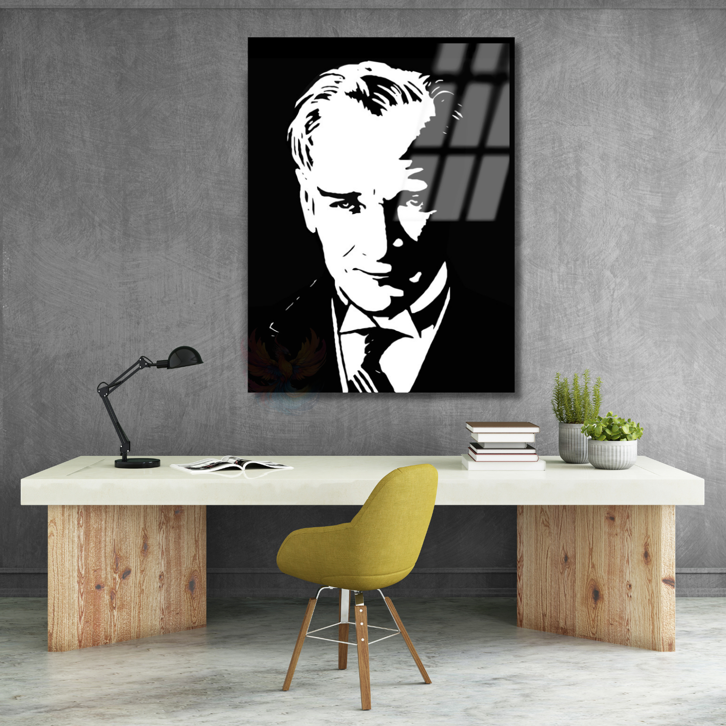 Siyah Beyaz Atatürk Çizimi Cam Tablo Modeli Dikey Duvar Tablosu Ofis Okul Ev Tablosu