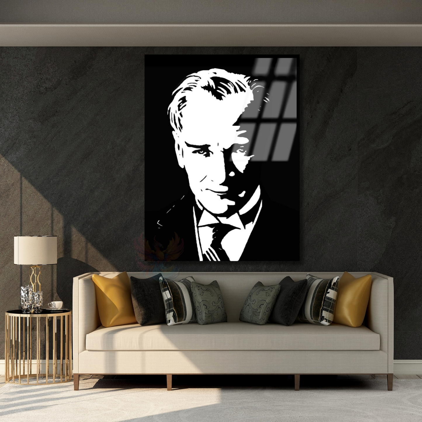 Siyah Beyaz Atatürk Çizimi Cam Tablo Modeli Dikey Duvar Tablosu Ofis Okul Ev Tablosu