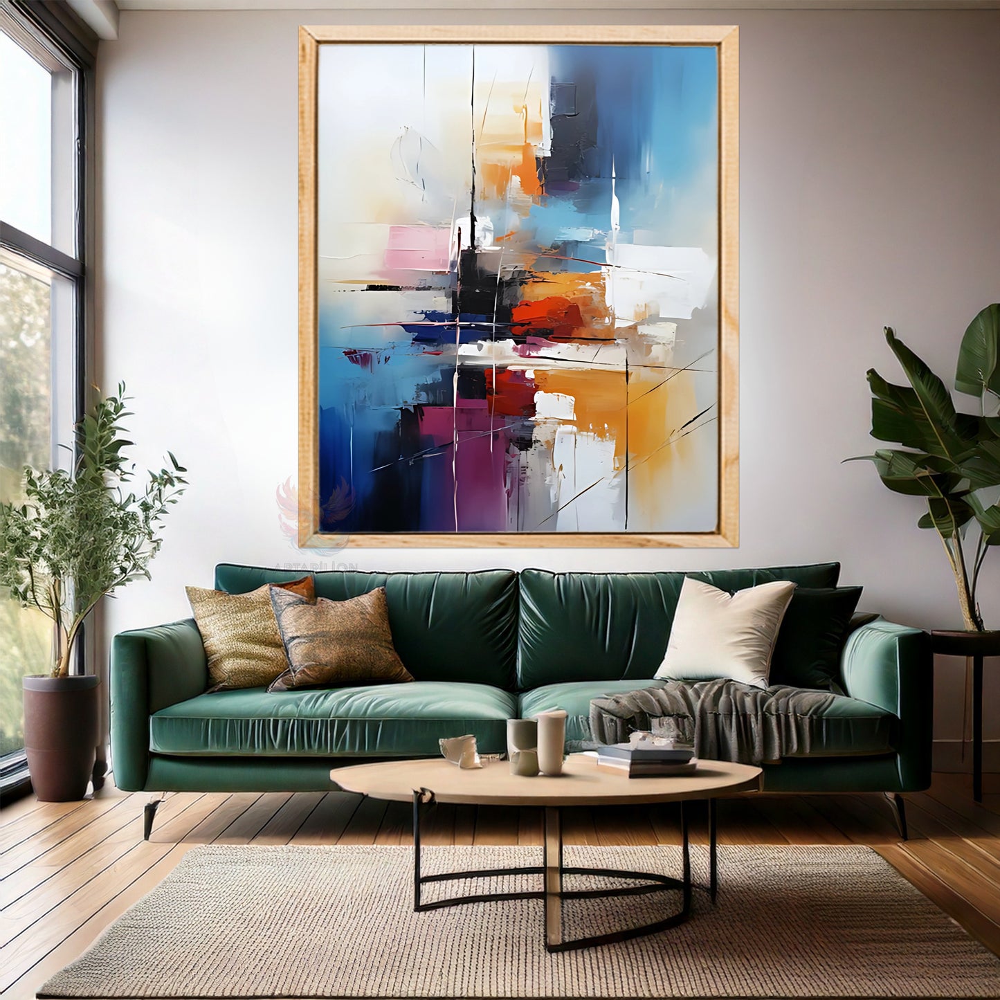 Yağlı Boya Görünümlü Soyut Ahşap Çerçeveli MDF Tablo Renkli Fırça Darbeleri Modern Duvar Tablosu