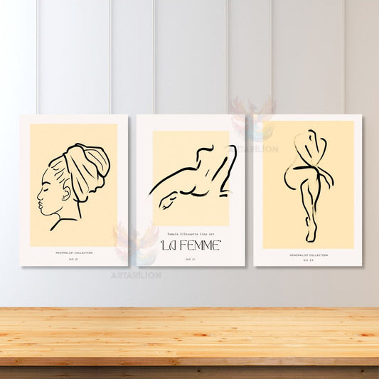 Set of 3 Canvas Paintings Minimalist Boho Modern Women Themed Line Style Wall Painting Bohemian Painting