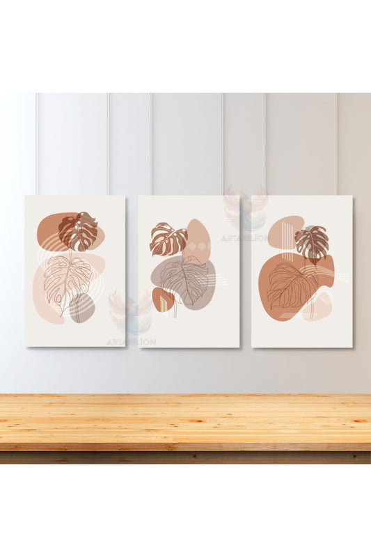 Set of 3 Canvas Paintings Minimalist Brown Leaves Boho Living Room Painting Bohemian Painting