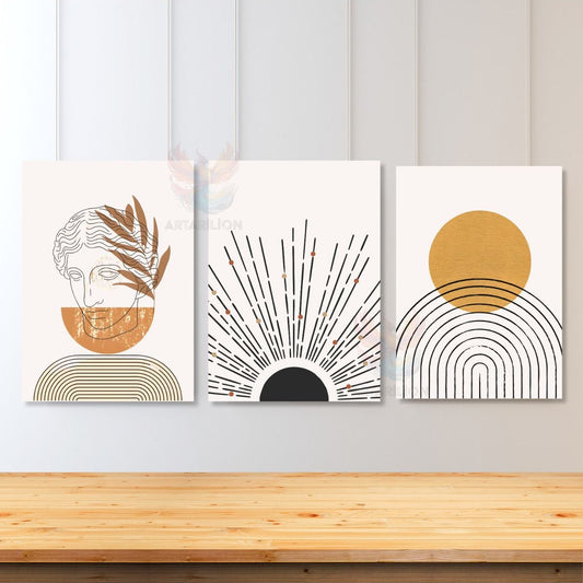 Set of 3 Canvas Prints Minimalist Design Line Art Sculpture and Sun Sitting Bohemian Canvas Print