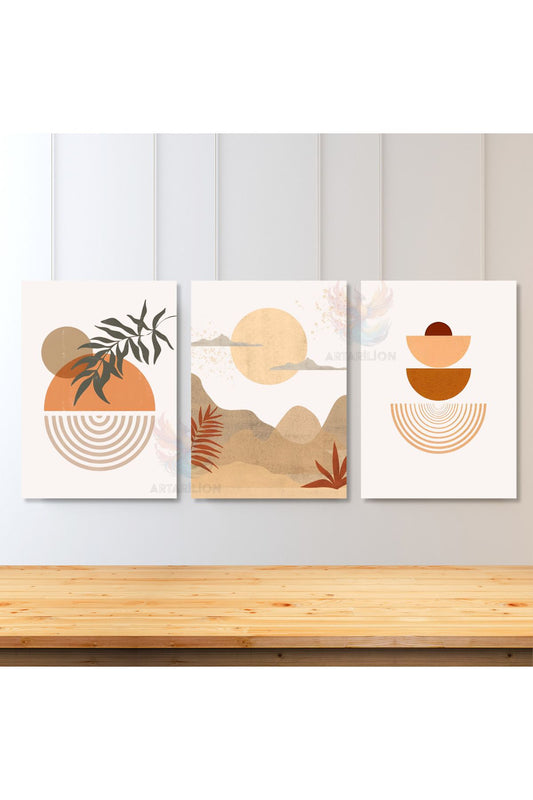 3'lü Set Kanvas Tablo Minimalist Kahverengi Yapraklar Boho Manzara Tablosu Bohemian Kanvas Tablo