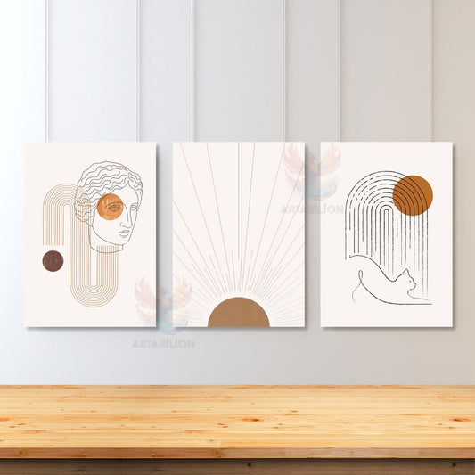 Set of 3 Canvas Paintings Minimalist Boho Modern Line Art Cat Sun and Sculpture Wall Painting Bohemian