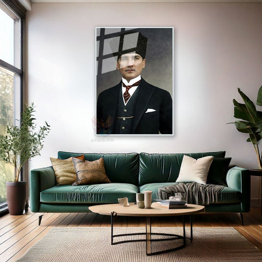 Mustafa Kemal Atatürk Metal Framed Glass Painting Atatürk Portrait Vertical Wall Painting Home Office Painting