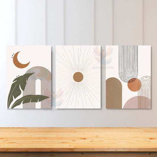 Set of 3 Canvas Paintings Minimalist Boho Modern Line Art Moon Sun Wall Painting Bohemian Canvas Painting