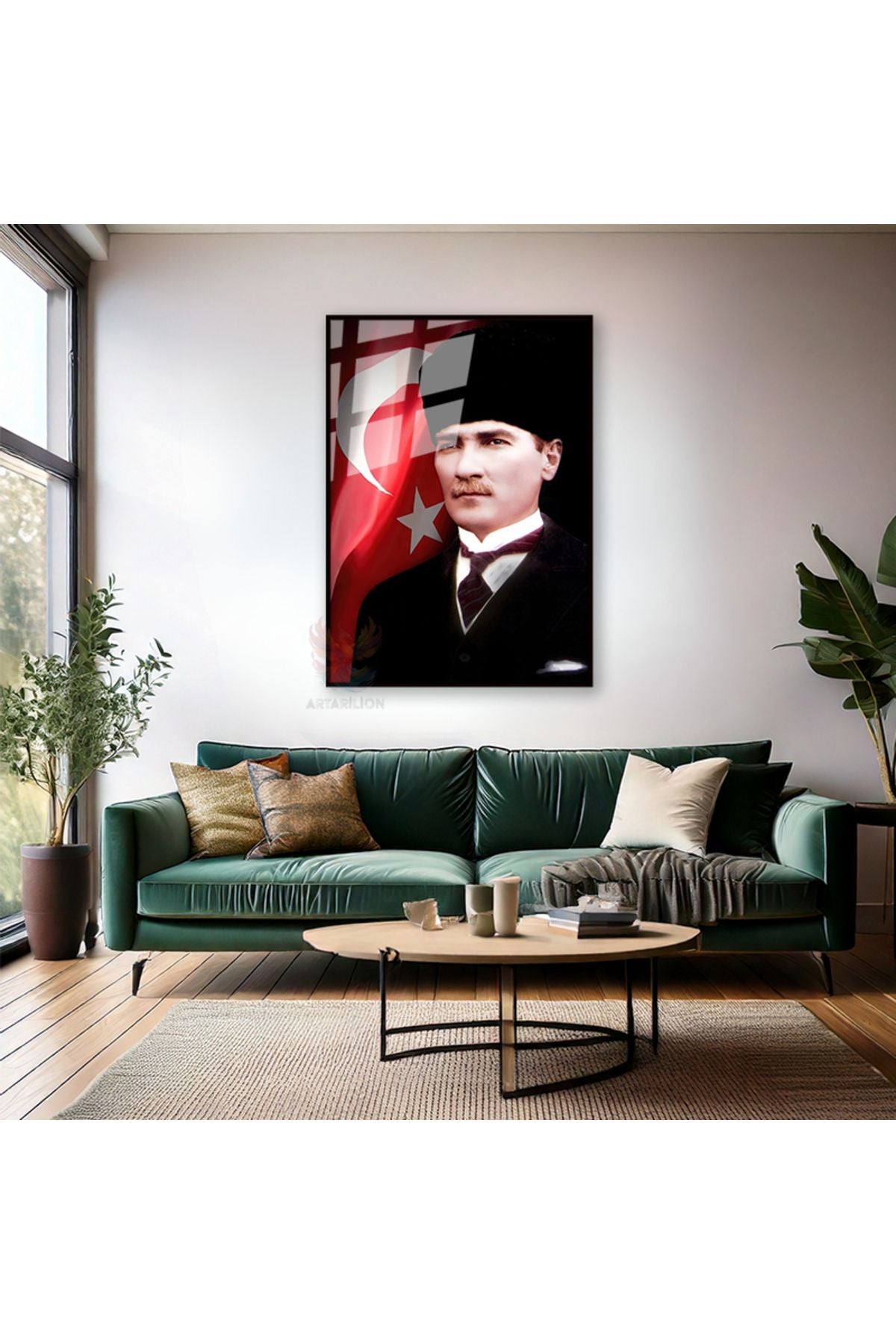 Atatürk ve Bayrak Metal Çerçeveli Cam Tablo Dikey Duvar Tablosu Ofis Ev Dekoru Atatürk Portresi