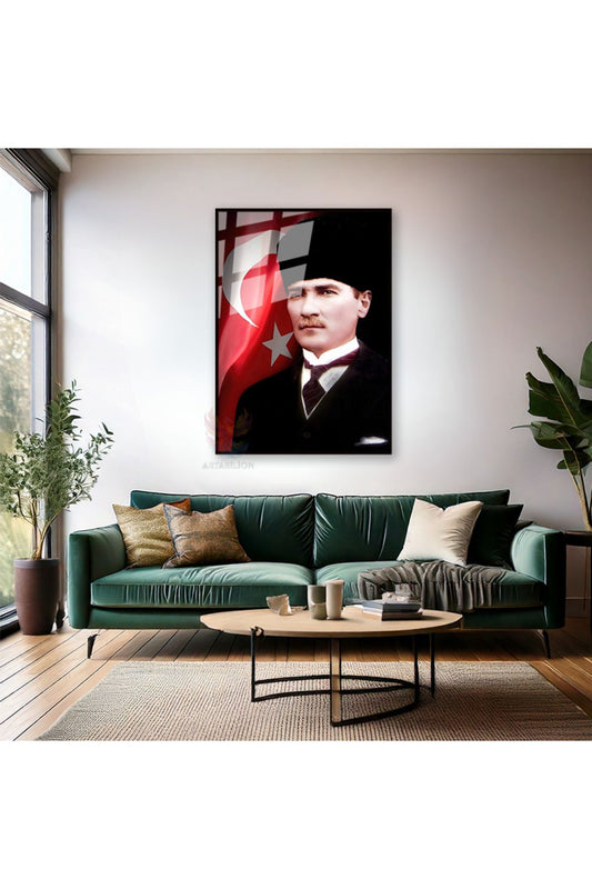 Atatürk ve Bayrak Metal Çerçeveli Cam Tablo Dikey Duvar Tablosu Ofis Ev Dekoru Atatürk Portresi