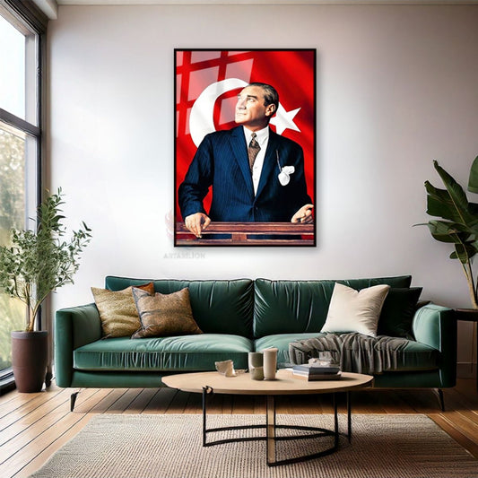 Ataturk and Flag Metal Framed Glass Painting Model Classroom Painting School Home Office Painting