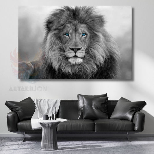 Black and White Lion with Blue Eyes Canvas Digital Print