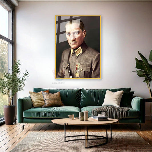 Atatürk Portrait in Uniform Mustafa Kemal Atatürk Metal Framed Glass Painting Model Home Office Decor