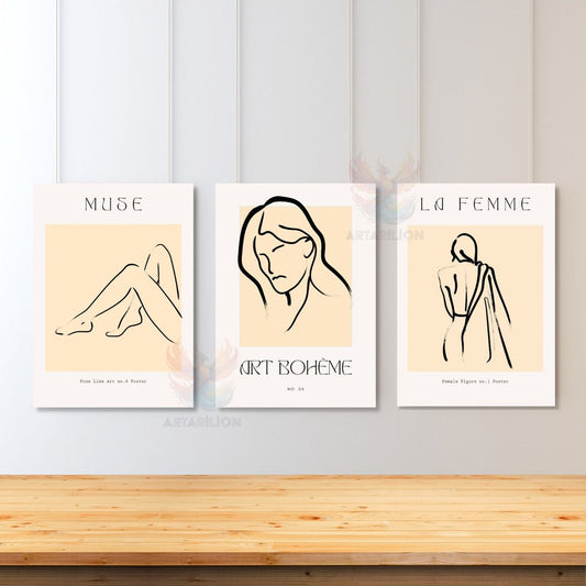 Set of 3 Canvas Paintings Minimalist Line Art Woman Visual Living Room Painting Bohemian Canvas Painting
