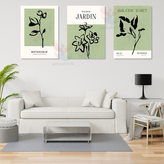 Set of 3 Canvas Prints Minimalist Green Black Botanical Living Room Print Bohemian Canvas Print