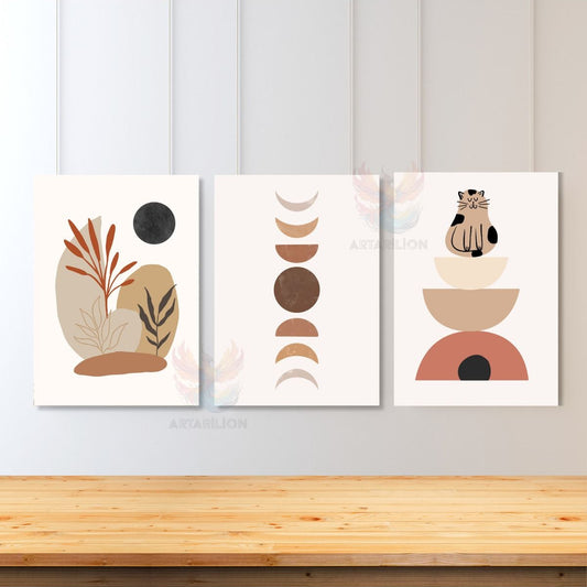 Set of 3 Canvas Paintings Minimalist Boho Moon Cat and Leaves Wall Painting Living Room Canvas Painting