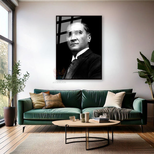 Black and White Atatürk Visual Metal Framed Glass Painting Model Home Office Gift Wall Decor