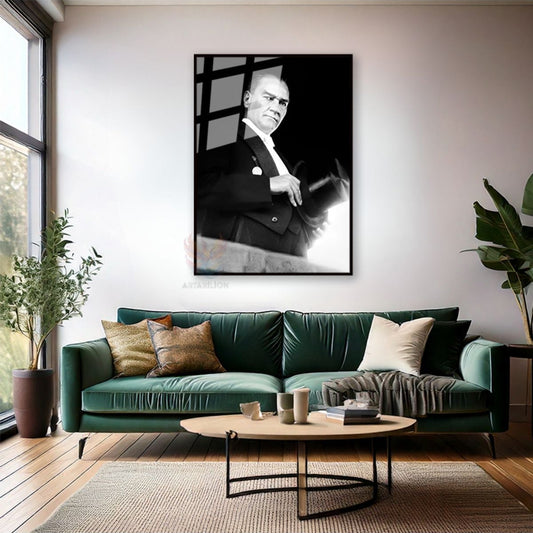 Atatürk Portrait Metal Framed Glass Painting Atatürk Holding a Hat Home Office Decor Wall Painting