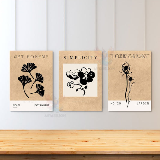 Set of 3 Canvas Paintings Minimalist Boho Abstract Plants Wall Painting Living Room Painting Bohemian Painting