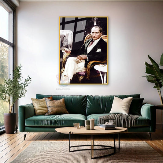 Atatürk Drinking Coffee Colorful Atatürk Painting Vertical Metal Framed Glass Home Office Painting