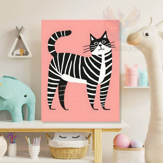 Kanvas Siyah Beyaz Çizgili Kedi Baskı Tablo Çocuk Odası Tablosu Çocuk Odası Tablosu