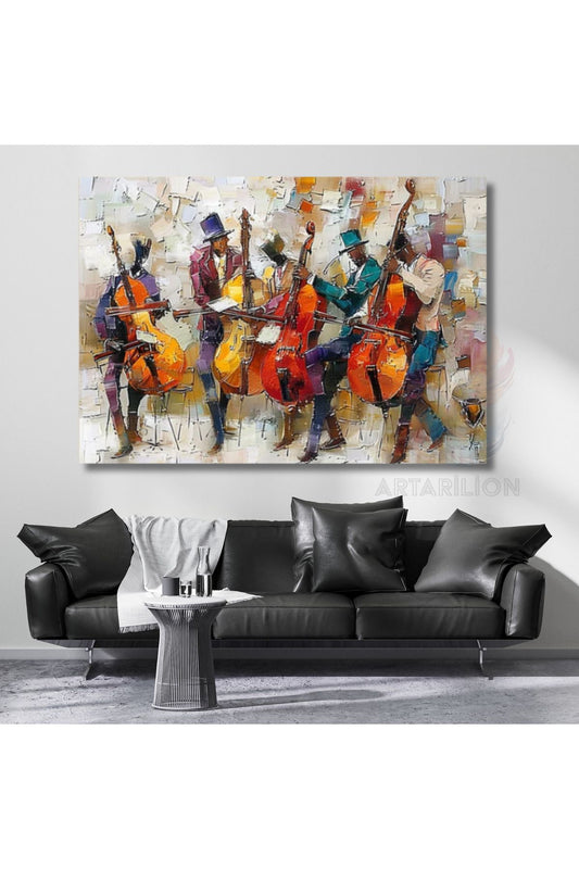 Yağlı Boya Görünümlü Çello Çalan Adamlar Kanvas Tablo Salon Tablosu Modern Tablo