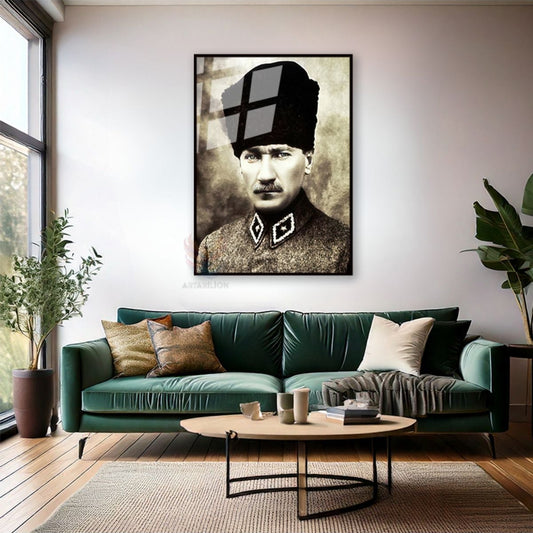 Atatürk Visual Metal Framed Glass Painting Vertical Wall Painting Home Office Decor Home Office Gift