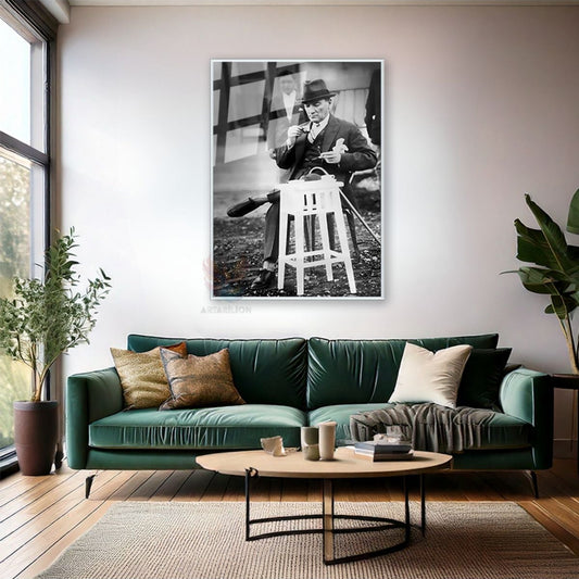 Black and White Coffee Drinking Atatürk Painting Metal Framed Glass Digital Print Living Room Office Painting