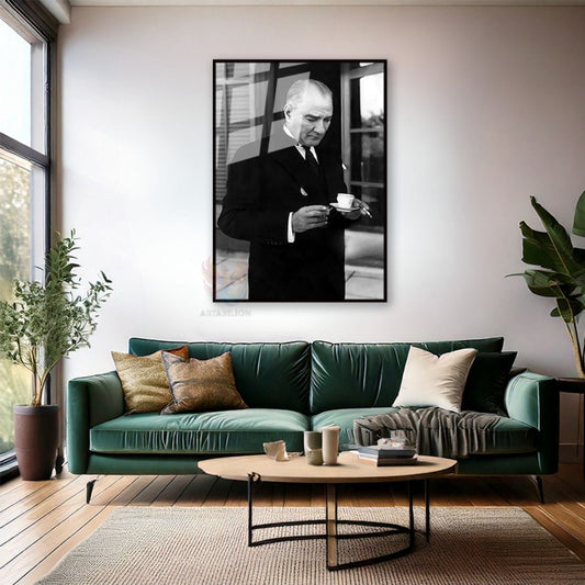 Vertical Metal Framed Glass Painting, Atatürk Drinking Coffee, Wall Painting, Home Office Decor