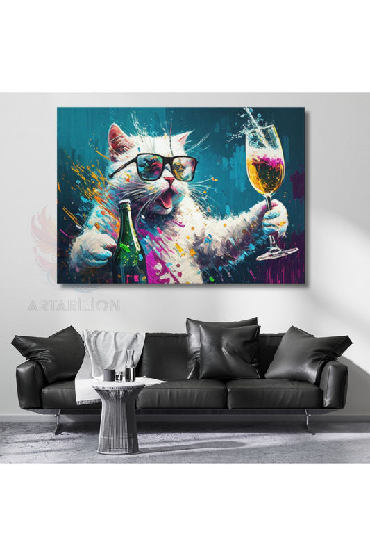 Neşeli Beyaz Kedi Görseli Kanvas Tablo Tasarım Kedi Tablosu