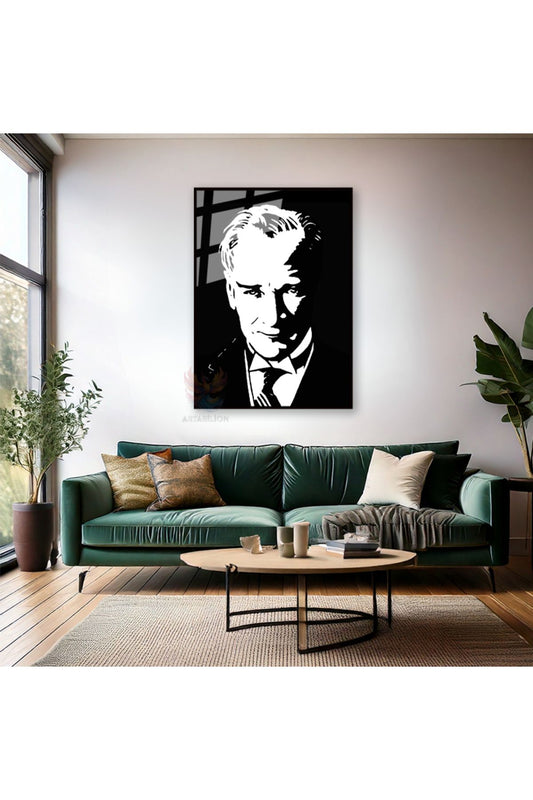 Siyah Beyaz Atatürk Çizimi Metal Çerçeveli Cam Tablo Modeli Dikey Duvar Tablosu Ofis Okul Ev Tablosu