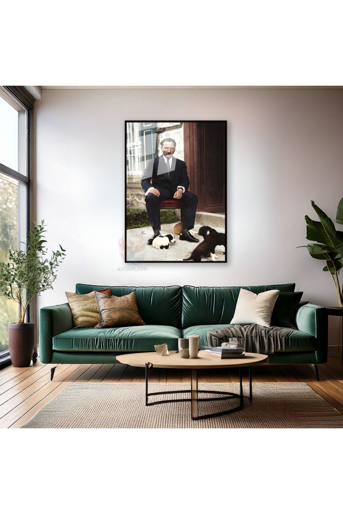 Takım Elbiseli Atatürk Metal Çerçeveli Cam Duvar Tablosu Dikey Tablo Ev Ofis Dekoru