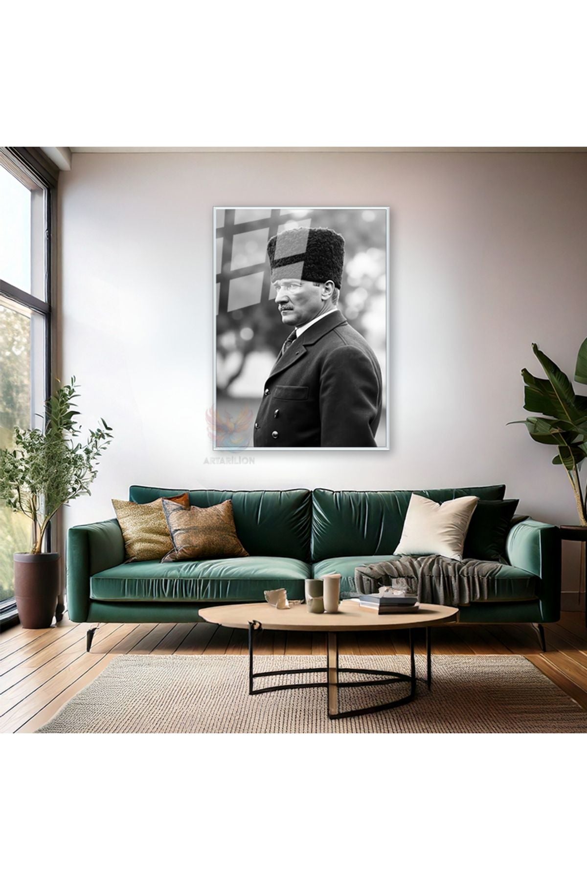 Siyah Beyaz Görsel Atatürk Metal Çerçeveli Cam Tablo Modeli Dikey Duvar Tablosu Ofis Ev Dekoru