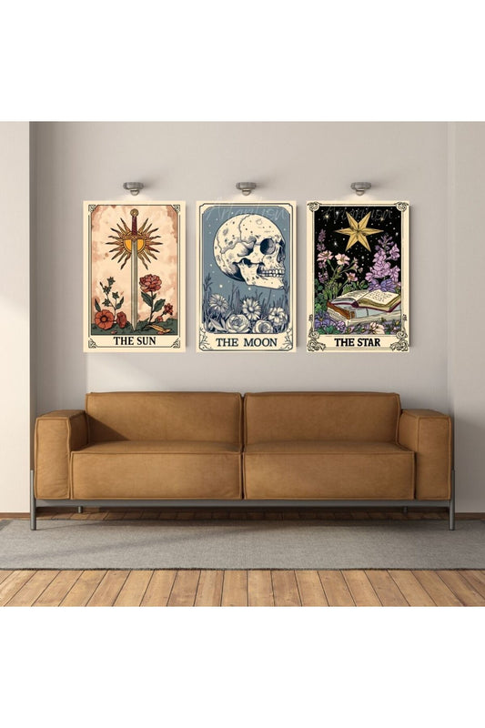 Kanvas Dijital HD Baskı Kanvas Tablo 3'lü Tarot Kartları Güneş Ay Yıldızlar Duvar Tablosu