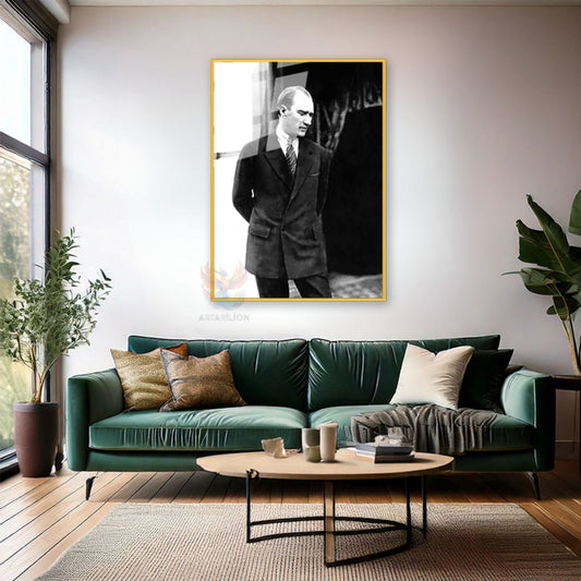 Kemal Atatürk Metal Framed Glass Painting Black and White Atatürk Painting Vertical Wall Painting Home Office Decor