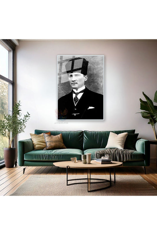 Dikey Metal Çerçeveli Cam Siyah Beyaz Atatürk Tablosu Çerçeveli Cam Ofis Ev Tablosu Duvar Dekoru
