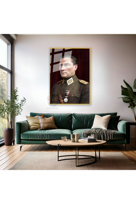 Dikey Metal Çerçeveli Cam Renkli Atatürk Tablosu Metal Çerçeveli Cam Ofis Ev Tablosu Duvar Dekoru