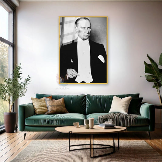 Black and White Charismatic Atatürk Visual Metal Framed Glass Painting Vertical Wall Painting Home Office Decor