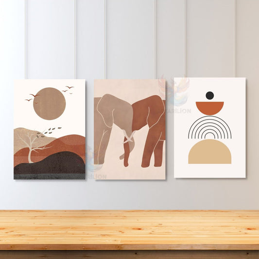 Set of 3 Canvas Prints Minimalist Tree and Elephants Living Room Print Bohemian Canvas Print
