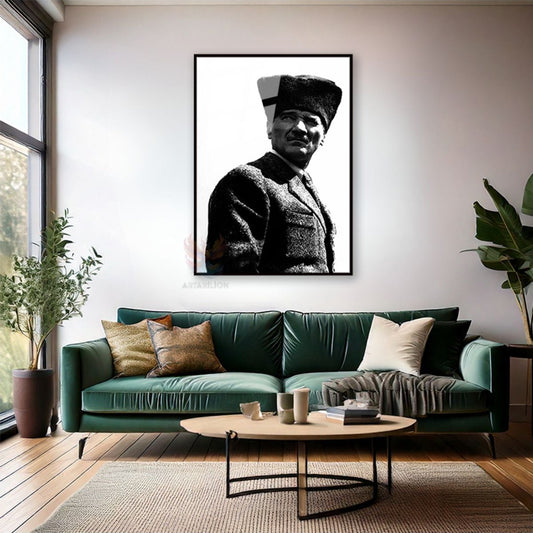 Metal Framed Glass Painting Atatürk Visual Black and White Vertical Wall Painting Home Office Decor
