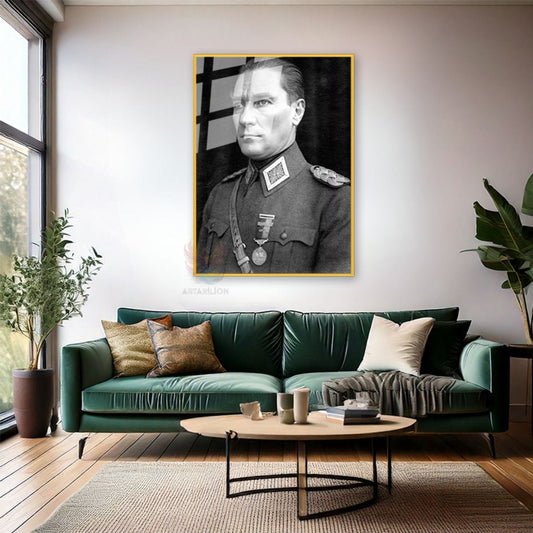 Black and White Uniformed Atatürk Portrait Kemal Atatürk Metal Framed Glass Painting Home Office Decor