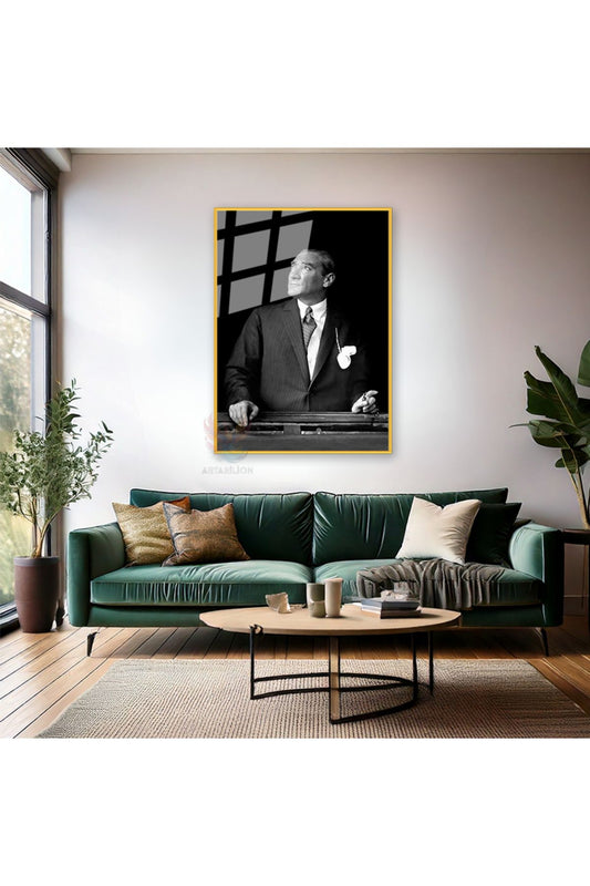 Siyah Beyaz Mustafa Kemal Atatürk Tablo Metal Çerçeveli Cam Tablo Dikey Tablo Salon Ofis Tablosu