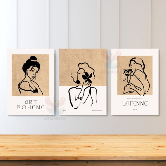 Set of 3 Canvas Paintings Minimalist Boho Wall Painting Living Room Painting Bohemian Woman Themed Canvas Painting