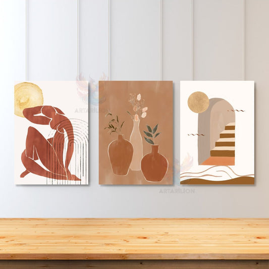 Set of 3 Canvas Paintings Minimalist Boho Modern Woman Vase Ladder Wall Painting Bohemian Canvas Painting