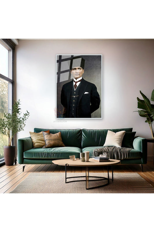 Mustafa Kemal Atatürk Renkli Metal Çerçeveli Cam Tablo Dikey Duvar Tablosu Atatürk Tablosu