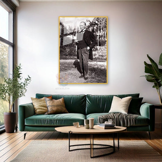 Metal Framed Glass Atatürk Painting, Charismatic Atatürk Drinking Coffee, Wall Painting