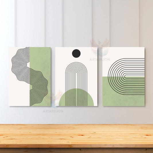 Set of 3 Canvas Paintings Minimalist Design Line Art Green White Living Room Canvas Painting