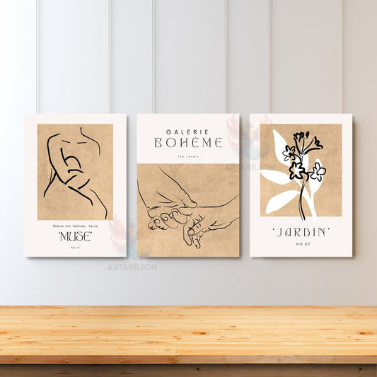 Set of 3 Canvas Paintings Minimalist Boho Modern Art Gallery Wall Painting Living Room Painting Bohemian